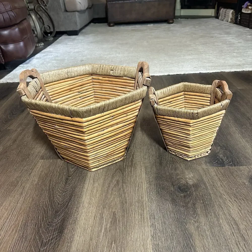 Vtg Bamboo and Jute Folk Art Log Gathering Basket Planters Wood Handles Set 2